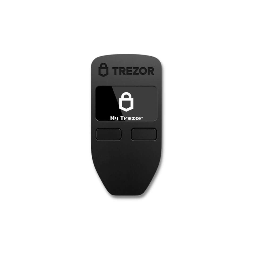 Black Trezor Model One cold wallet with the Trezor logo displayed on the screen.