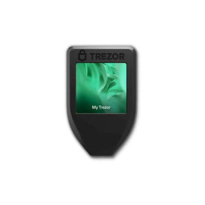Front of a black Trezor Model T crypto hardware wallet, the screen is lit up green.