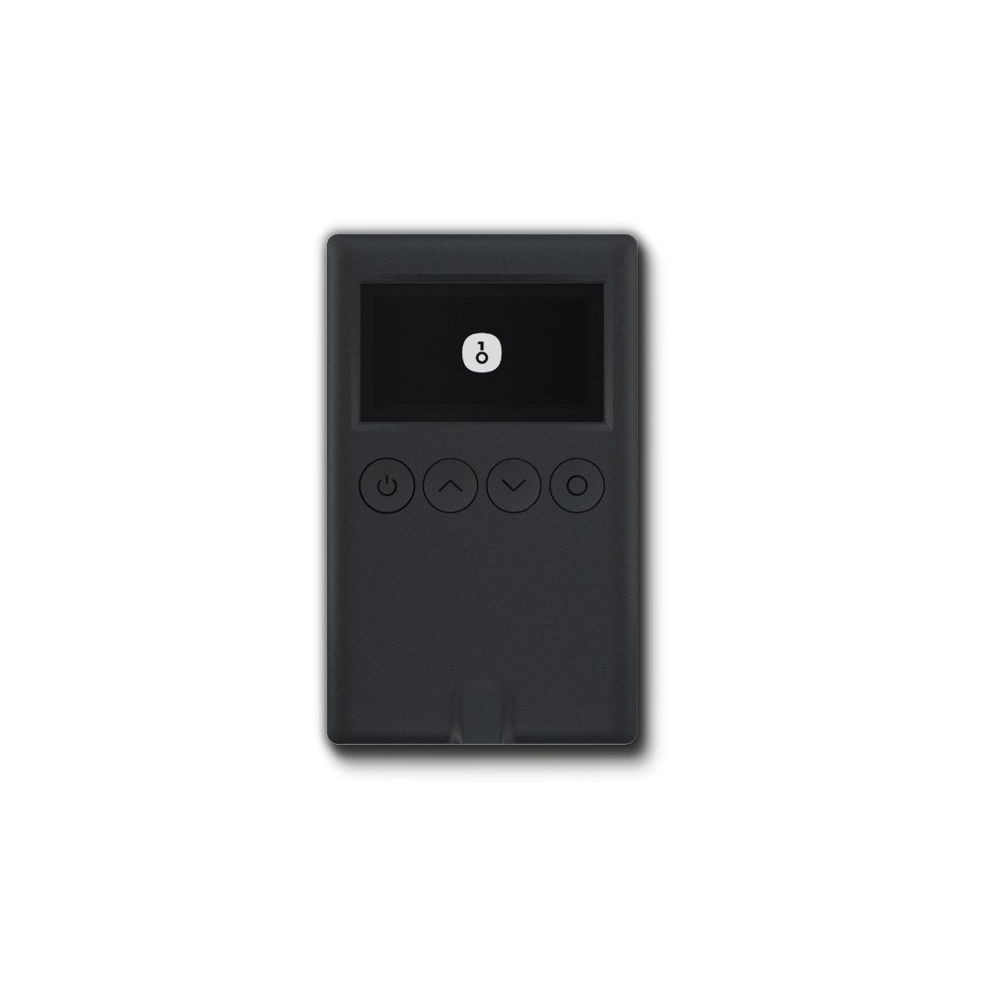 A black OneKey Classic crypto hardware wallet with buttons on it. The product is shown front on.