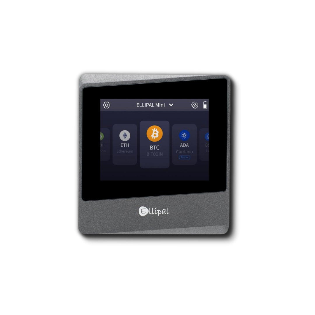 Frontal view of an ELLIPAL Titan Mini hardware wallet with the screen lit up, displaying the user's crypto holdings in Bitcoin and various other coins.