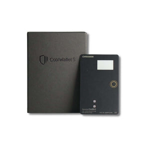 Front view of the CoolWallet S hardware wallet next to its box.