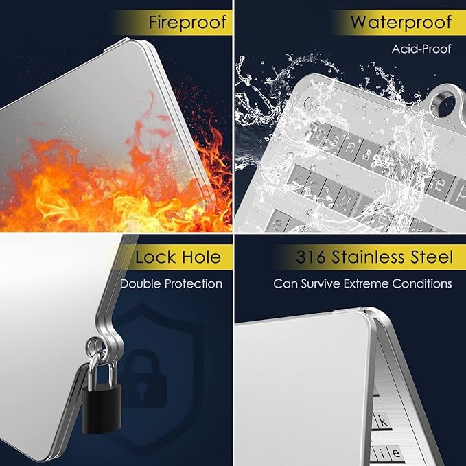 4 image collage showing the main features of the ELLIPAL steel seed phrase storage device. Durable steel wallet features: fireproof, waterproof.