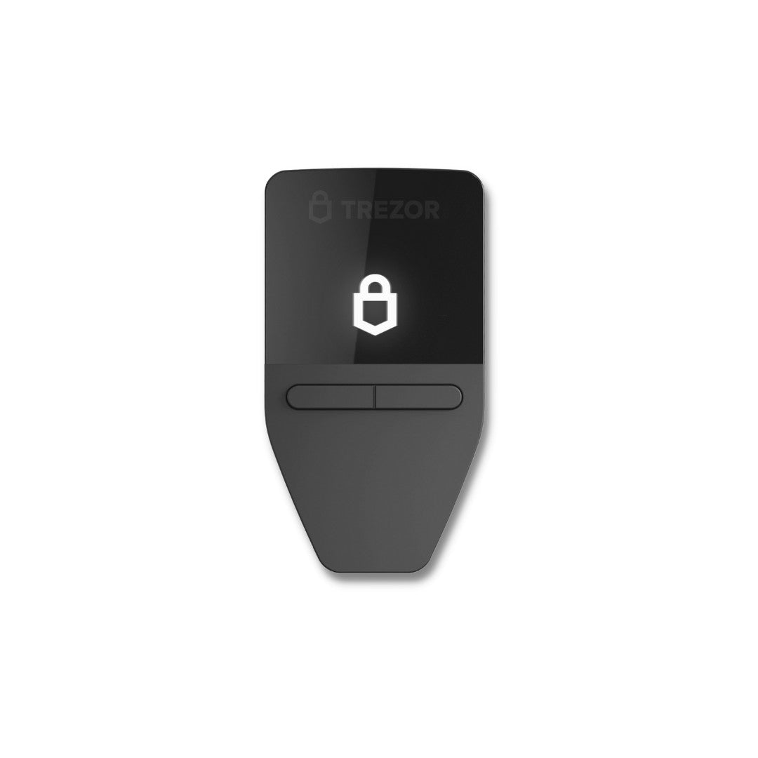 Front of a black Trezor Safe 3 crypto hardware wallet, the screen is lit up black with the Trezor logo.