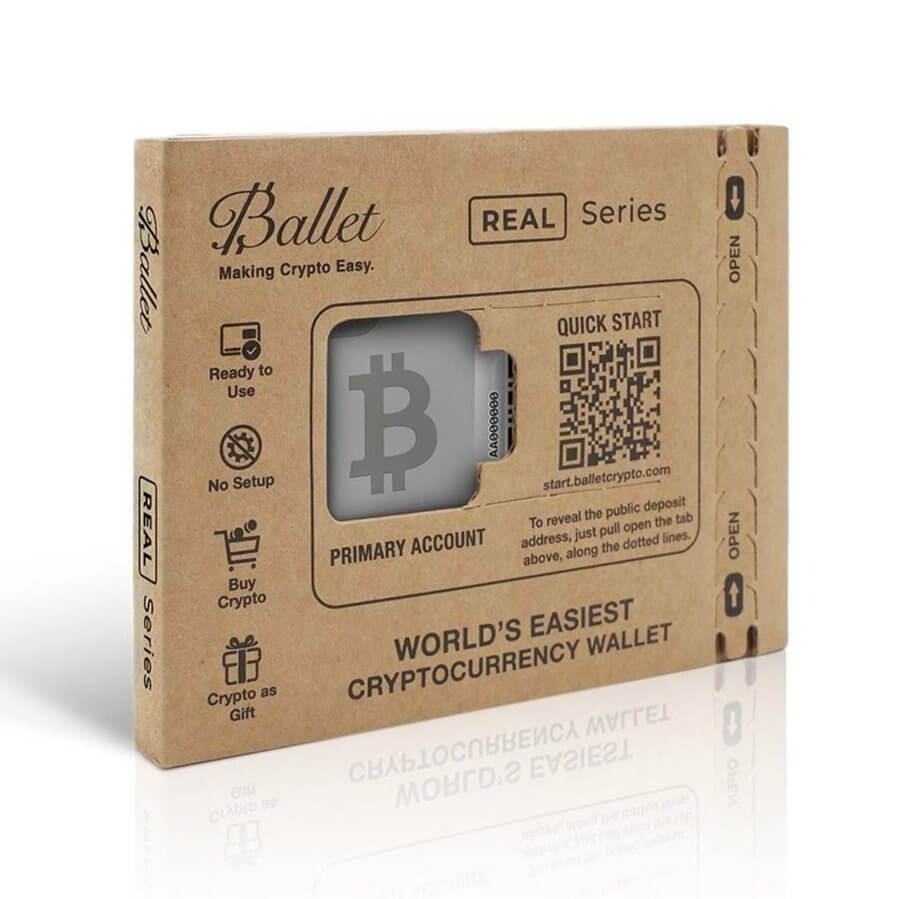 Frontal view of a Ballet REAL series crypto hardware wallet inside its packaging.