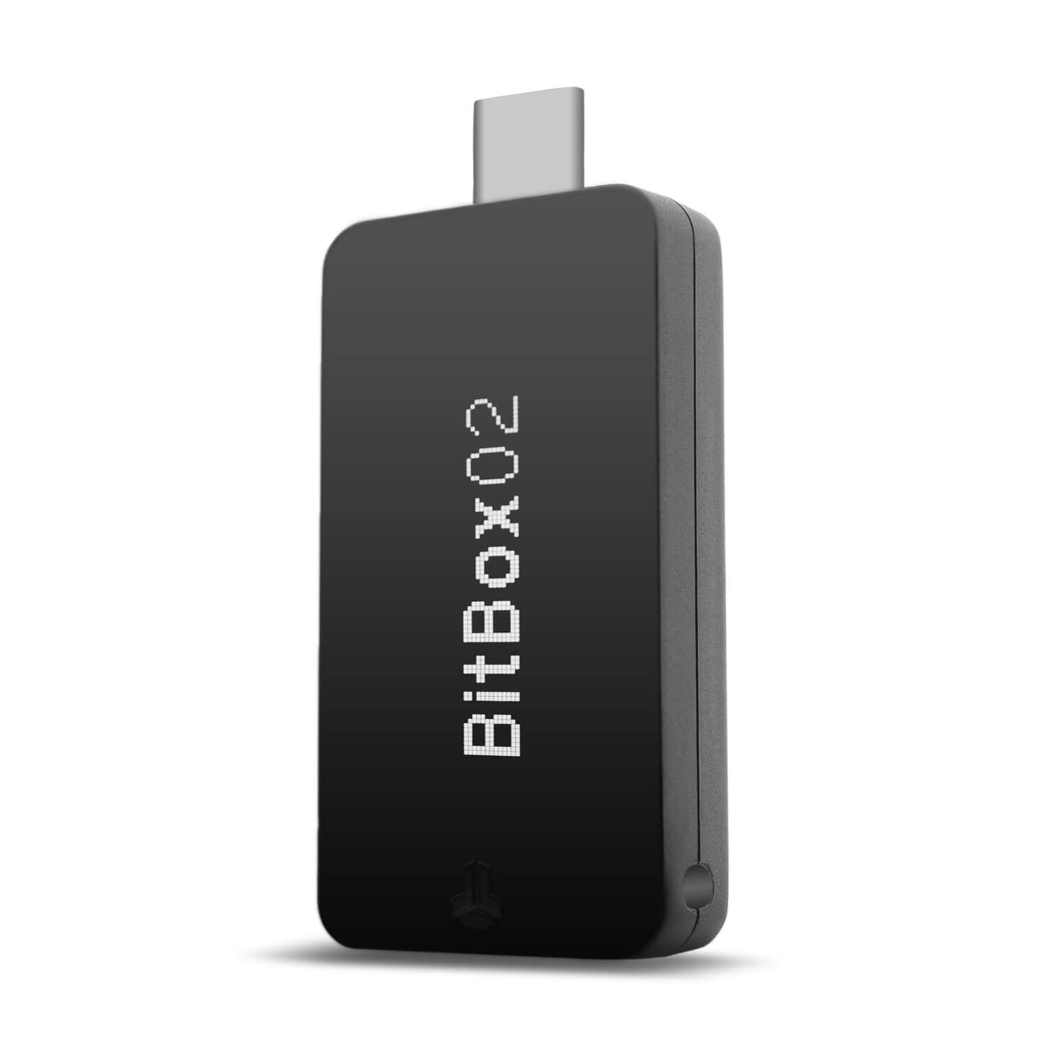 Black BitBox02 crypto hardware wallet standing vertically.