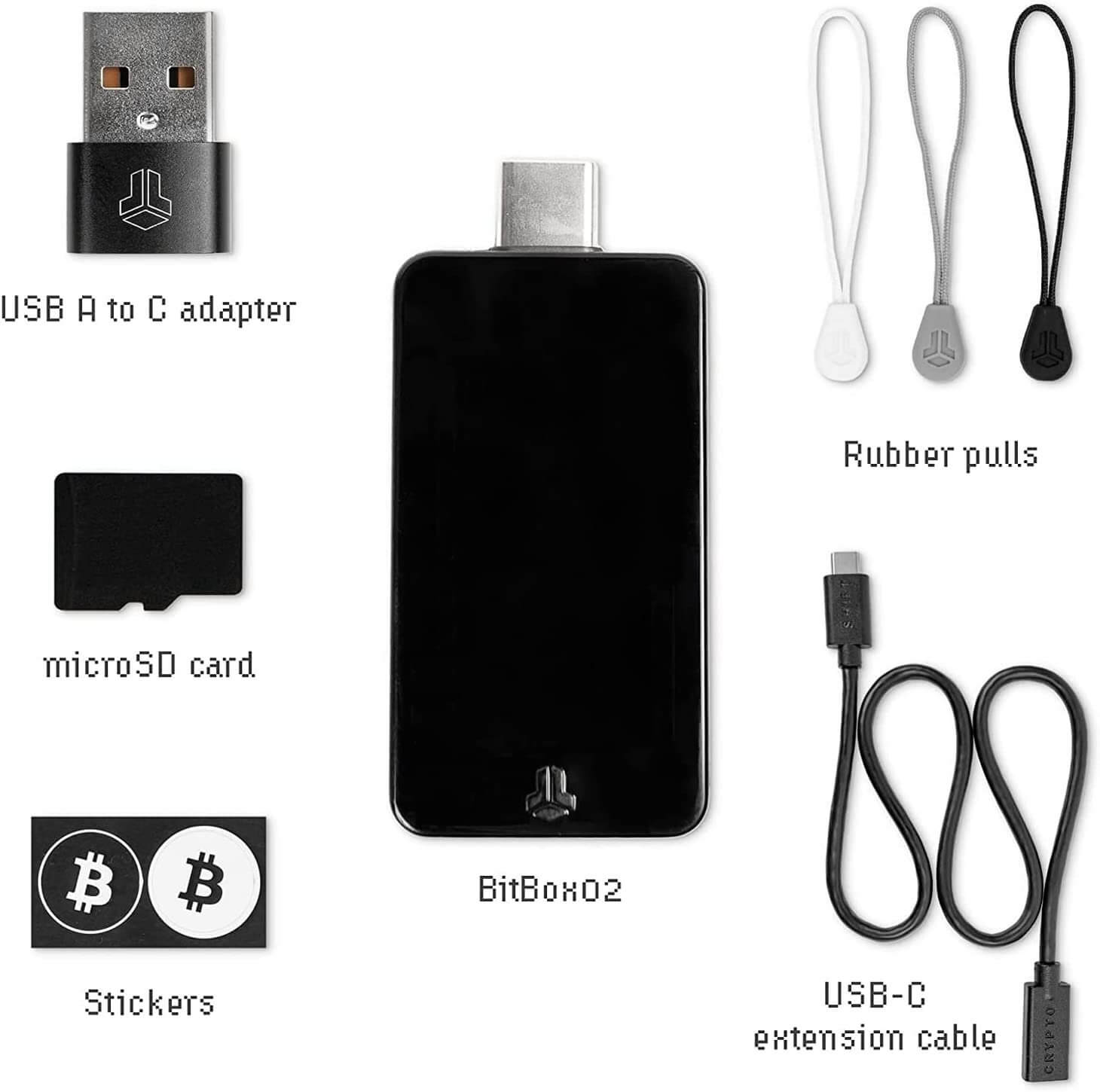Items included in the box of a BitBox02 hardware wallet package.