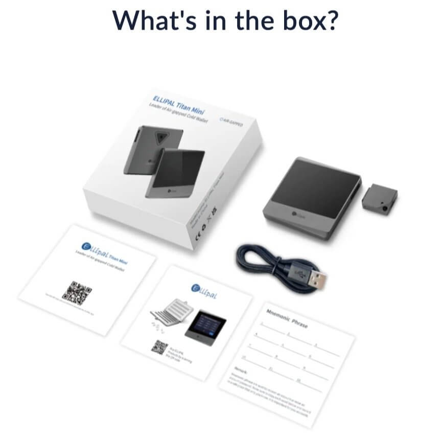 Contents of the ELLIPAL Titan Mini hardware wallet package laid out, with a text overlay reading 'What's in the box?'.