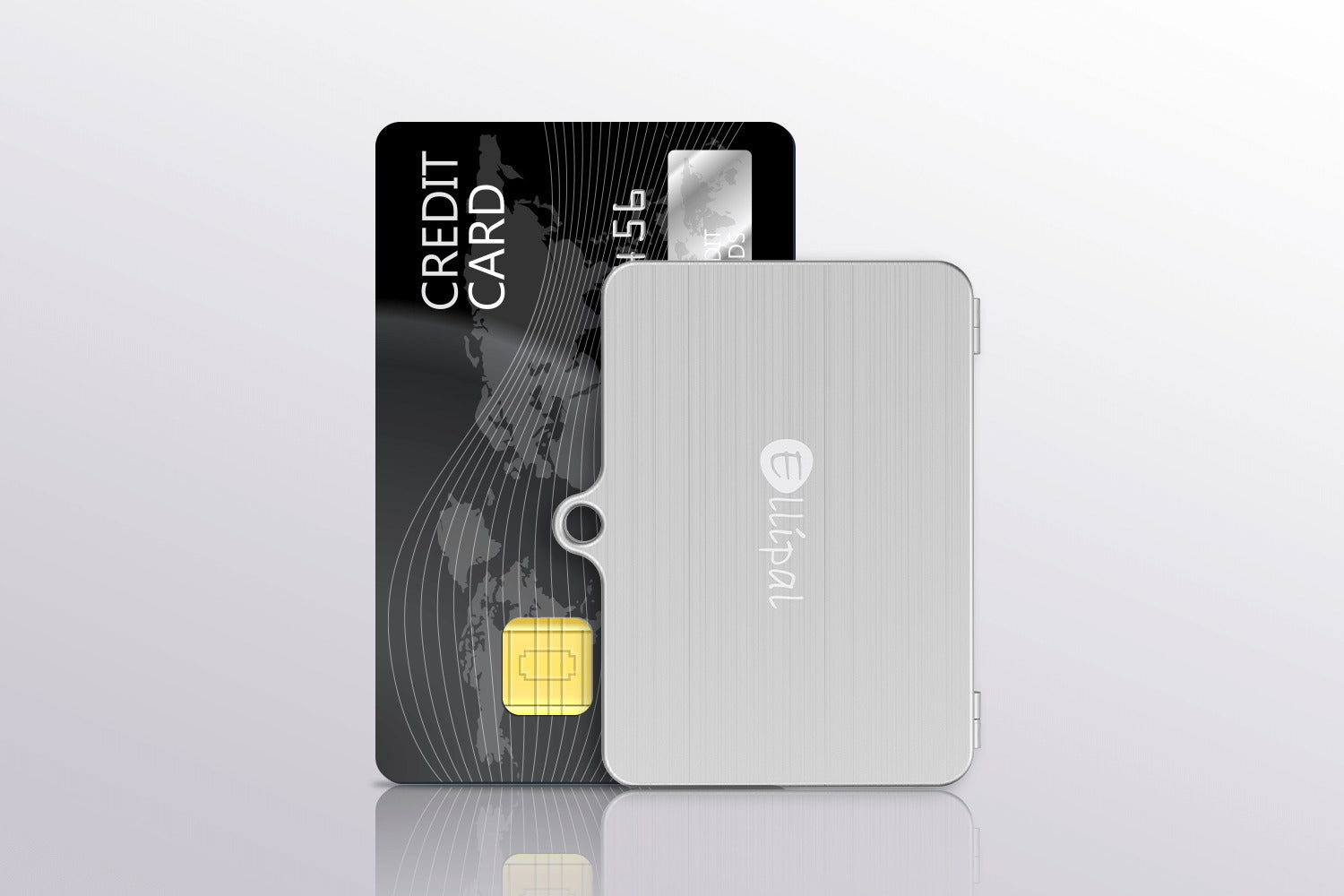 Front shot of ELLIPAL steel seed phrase storage device, closed, standing up next to a credit card for size comparison.