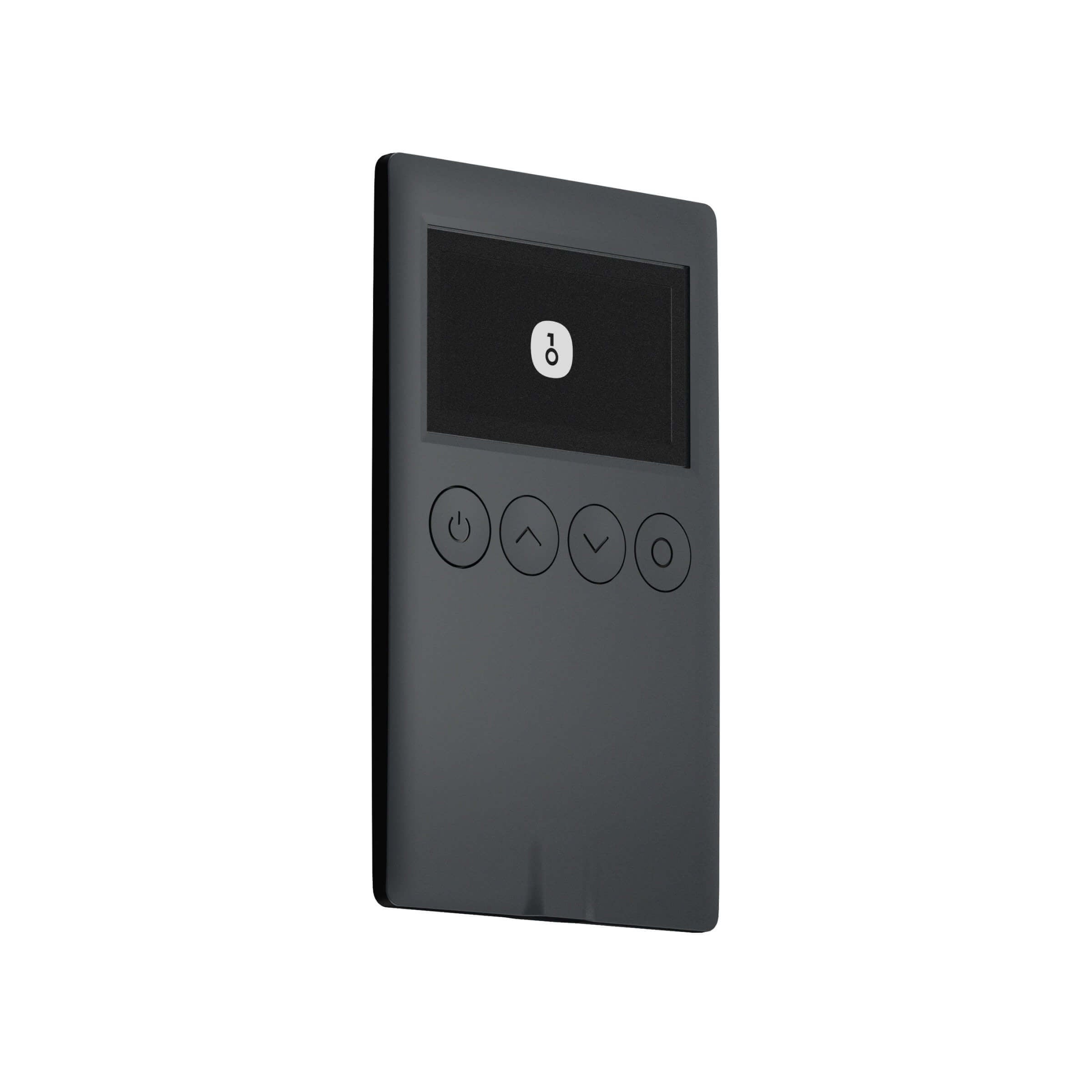 A black OneKey Classic crypto hardware wallet with buttons on it. The product is rotated slightly horizontally to show the edge.