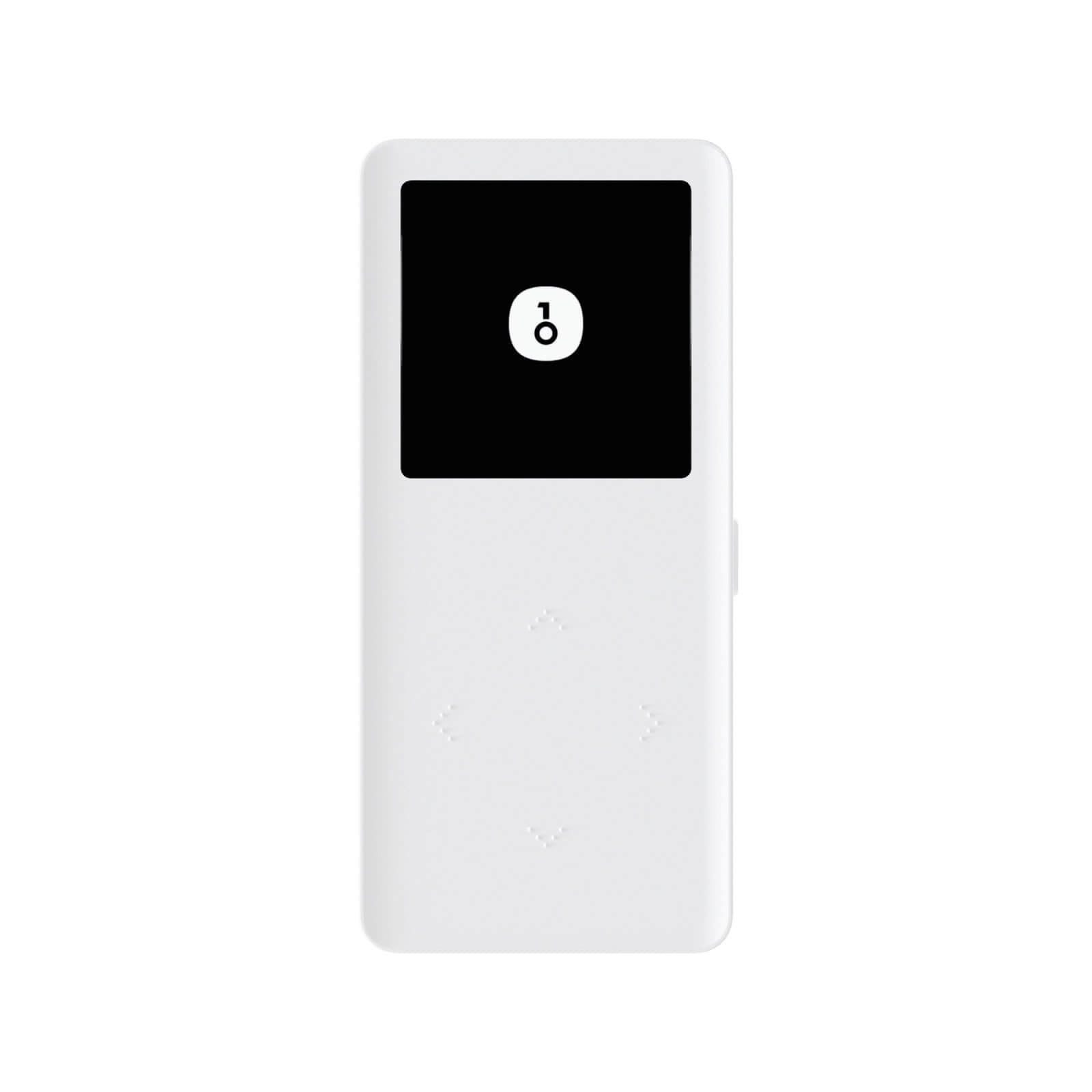 Frontal view of a white OneKey Mini standing upright with its screen displaying the OneKey logo.