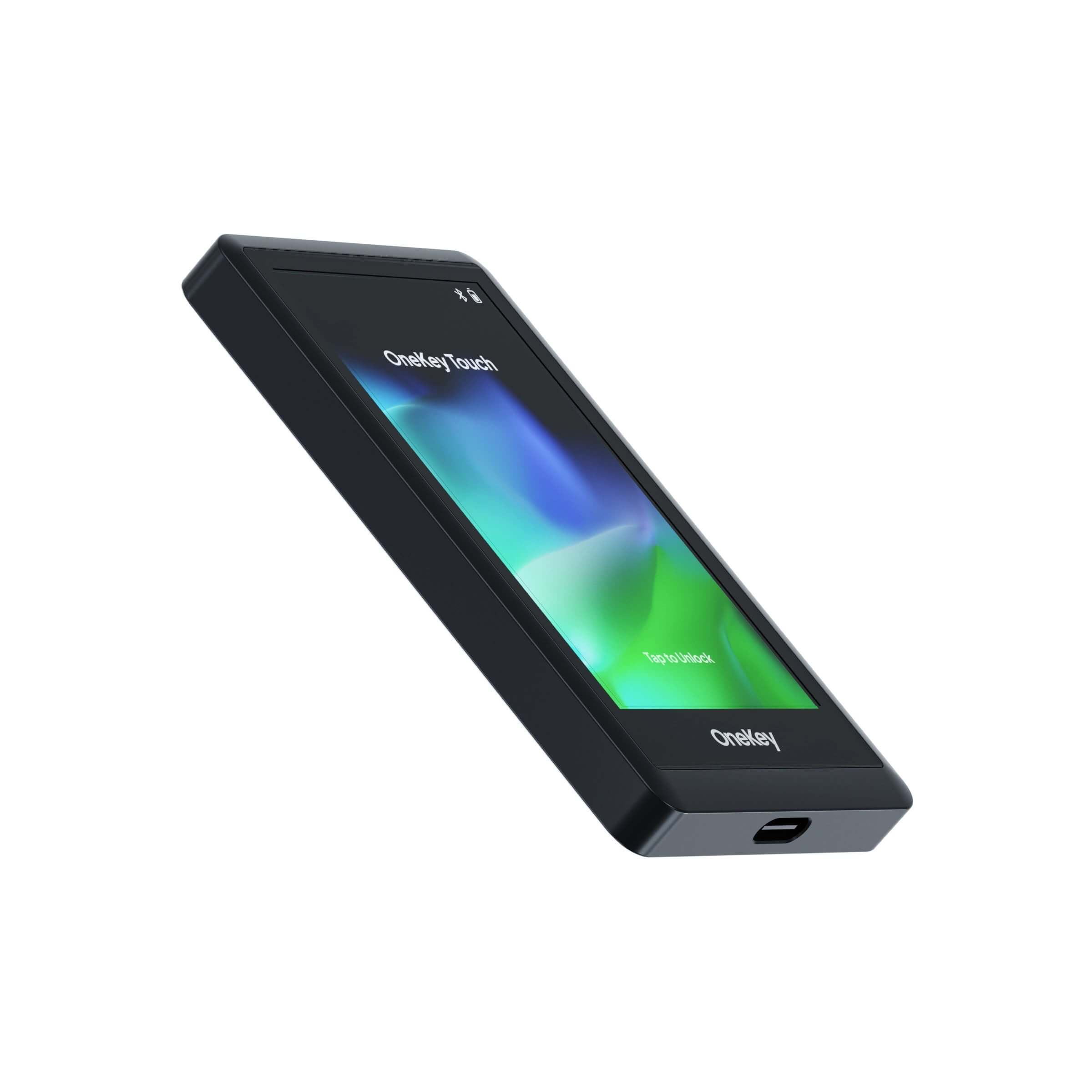 Angled view of the OneKey Touch touchscreen crypto hardware wallet, showing the bottom charging port, with the screen displaying a green background and 'tap to unlock' text.