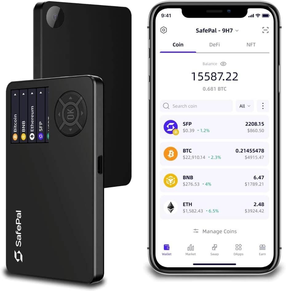 A SafePal S1 crypto cold wallet next to an iPhone with the SafePal app open, displaying the user's Bitcoin balance.