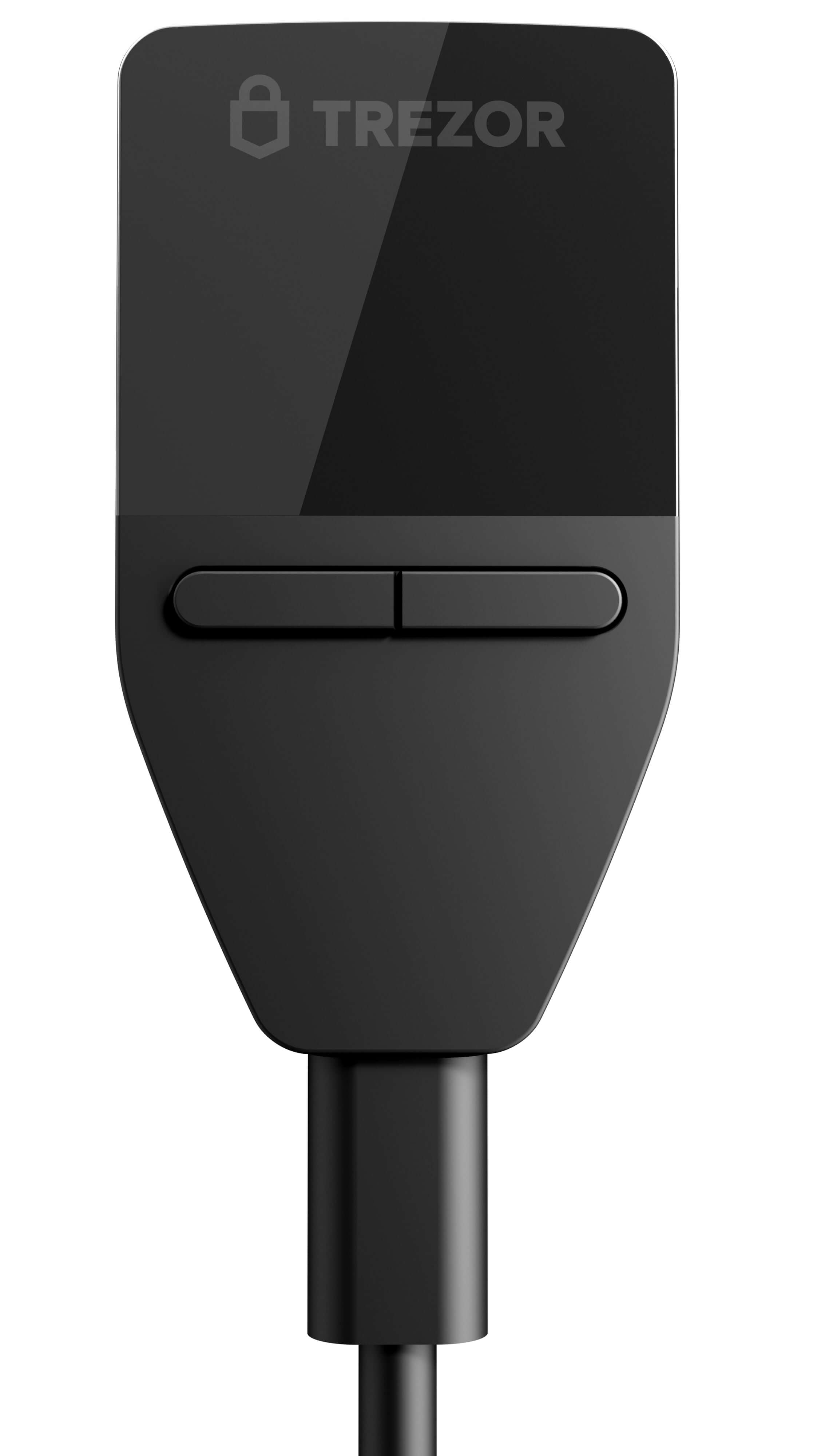 Front of a black Trezor Safe 3 crypto hardware wallet with USB-C cable plugged in.
