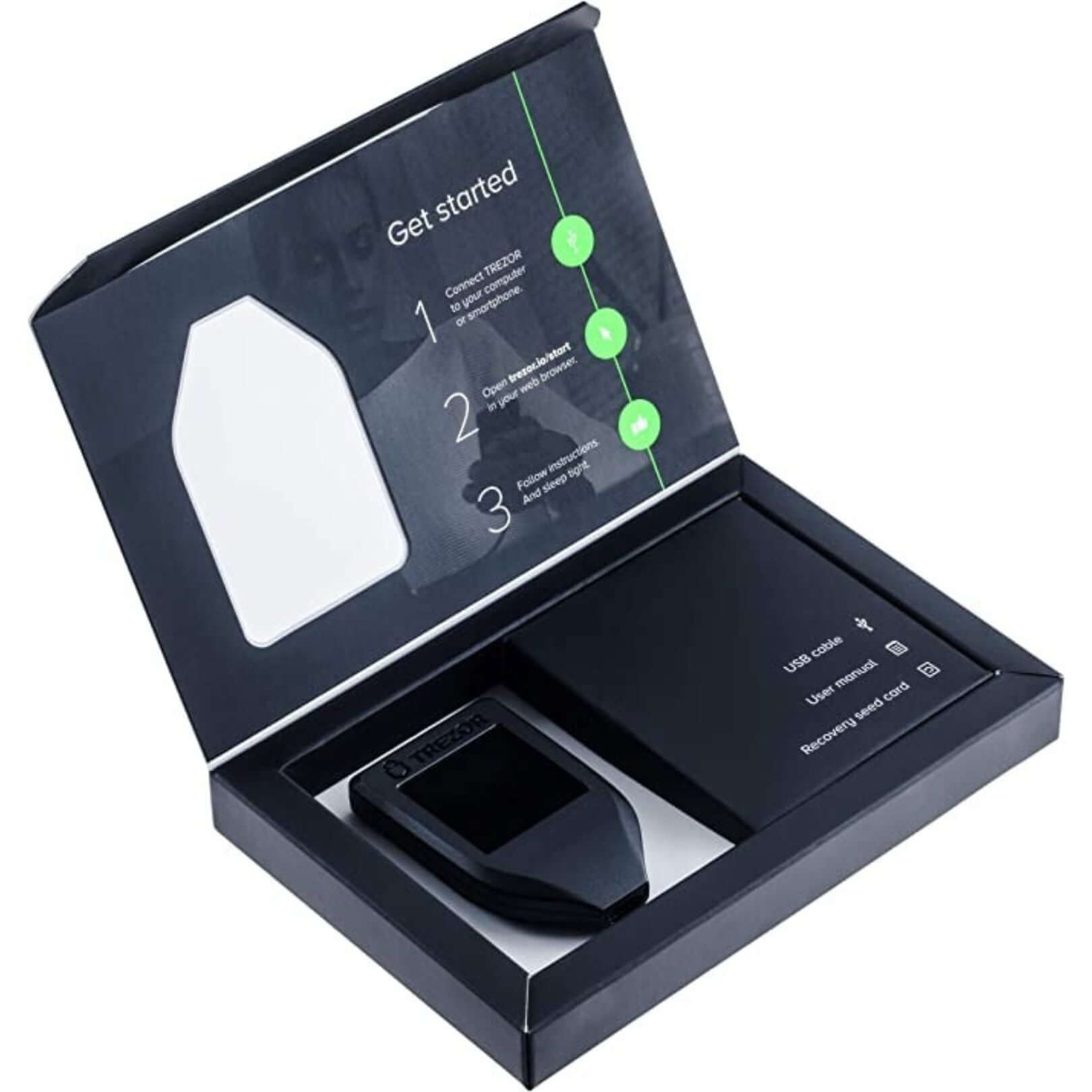 A black Trezor Model T cold wallet shown in its box.