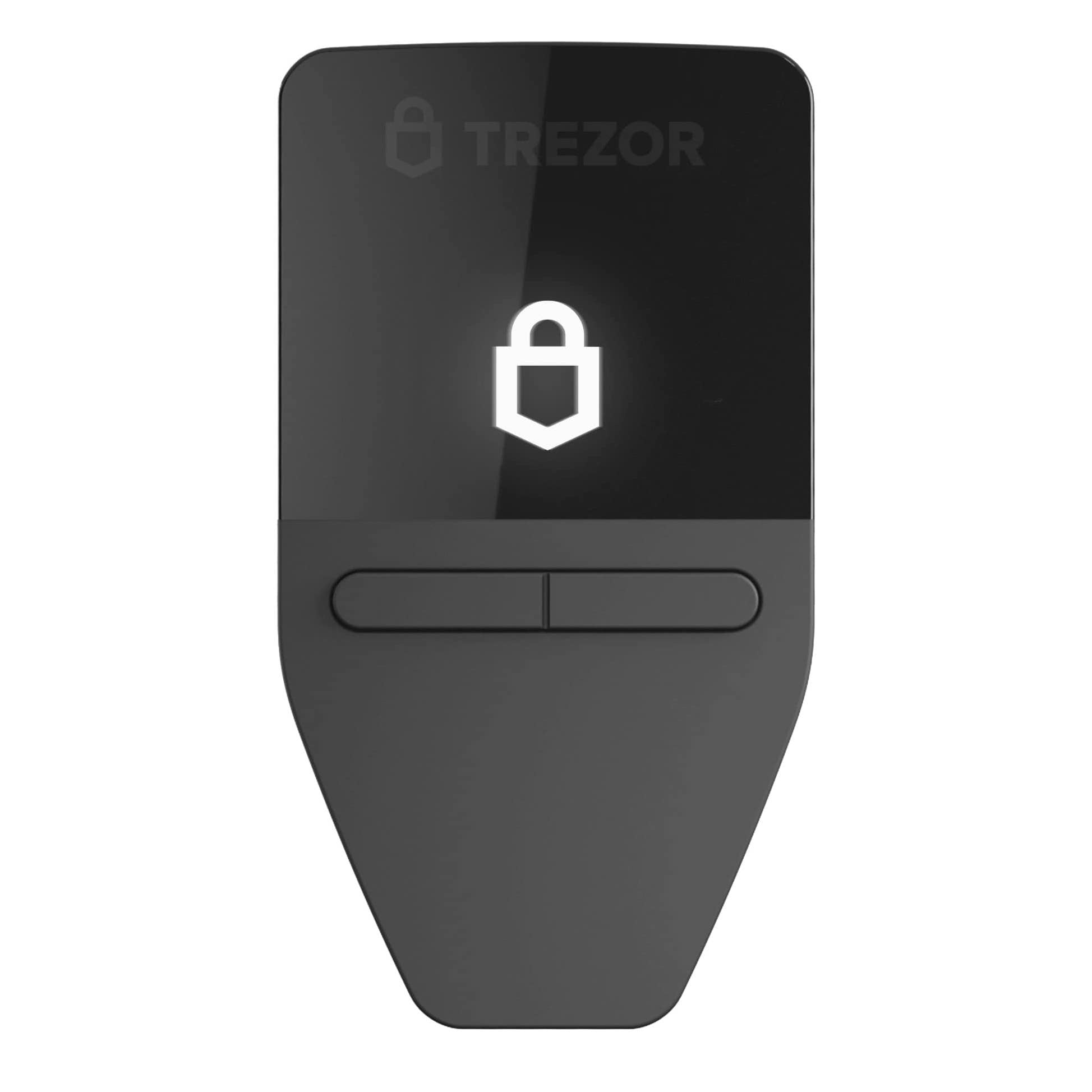 Front of a black Trezor Safe 3 crypto hardware wallet, the screen is lit up black with the Trezor logo.