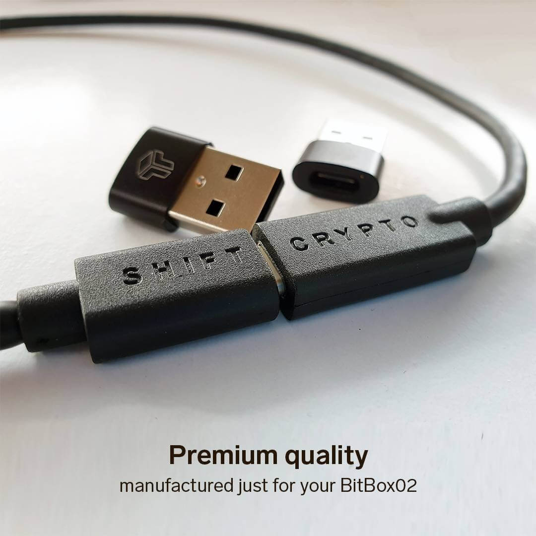 USB-A to USB-C converter pictured next to a USB-C extension cable. Text overlay states that the BitBox Connectivity Pack is premium quality.