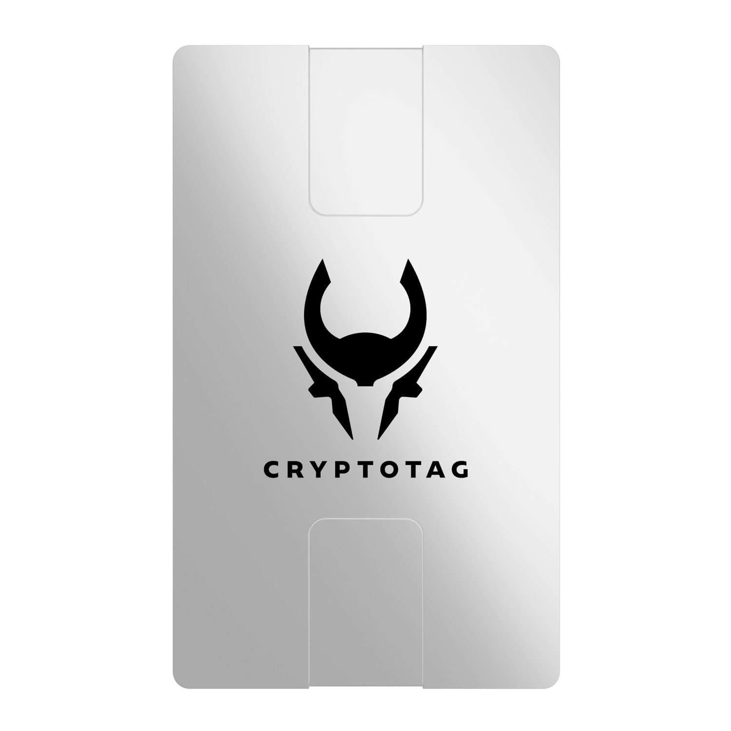 Frontal view of a closed CryptoTag Zeus seed phrase storage device.