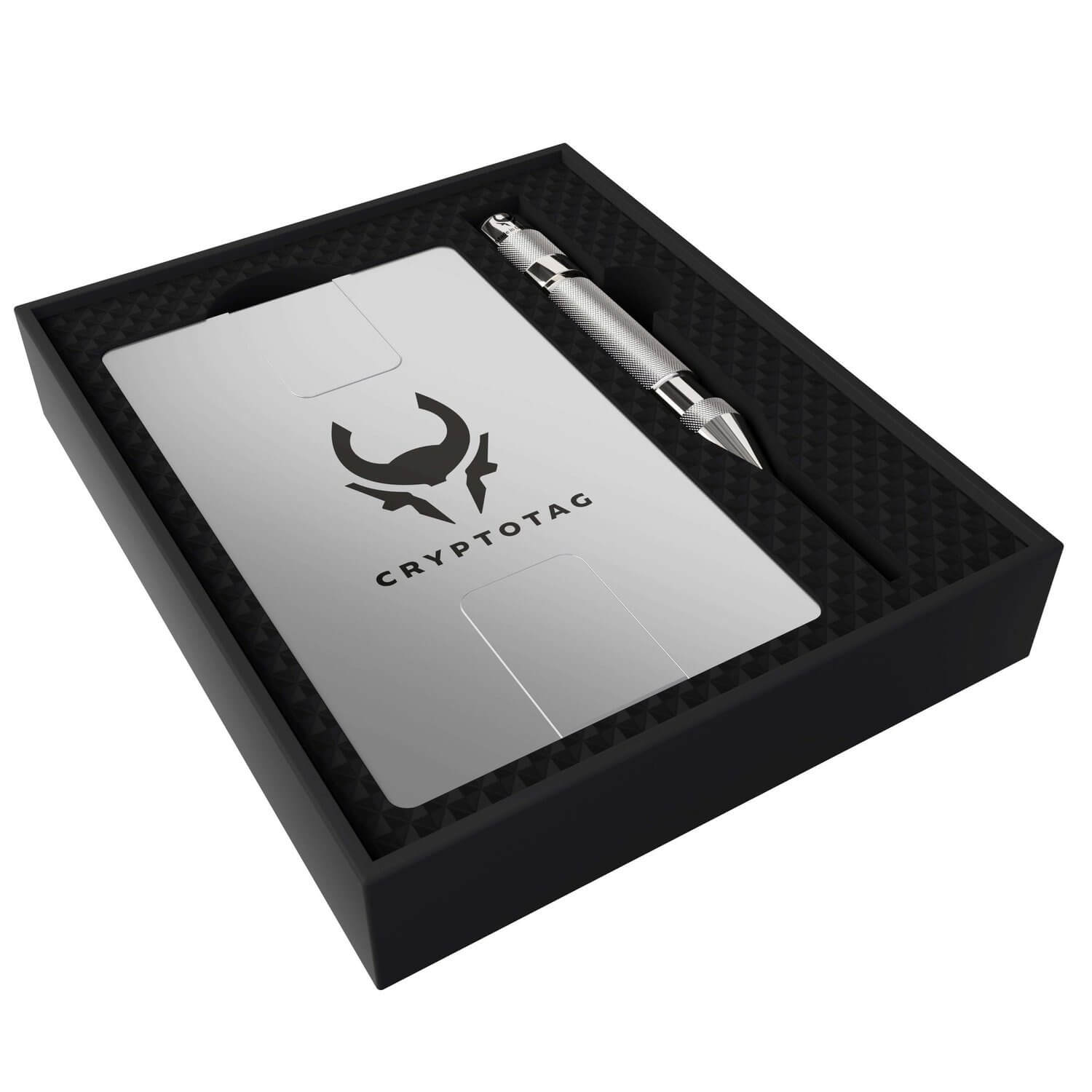CryptoTag Zeus titanium seed phrase storage device neatly placed inside its original packaging box.