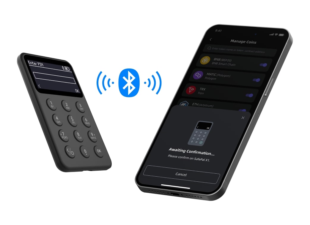 A SafePal X1 hardware wallet next to an iPhone, displaying the Bluetooth connection.